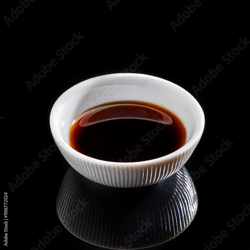 a small bowl of soy sauce isolated on black background photo