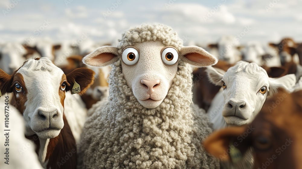Cartoon sheep with big eyes among cows. Cartoon sheep with big eyes among cows.