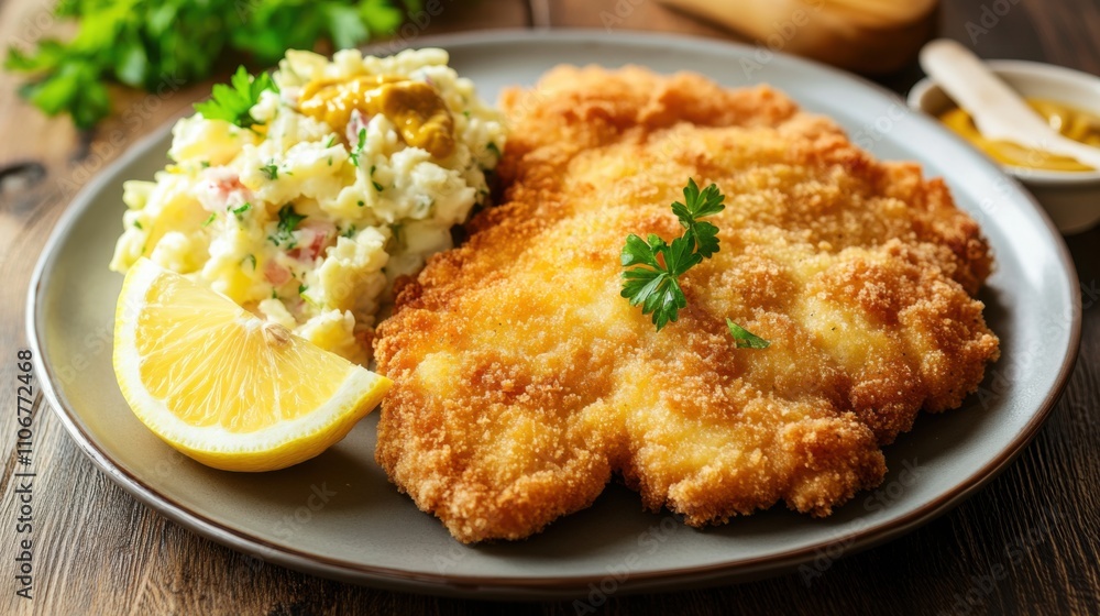 A traditional German schnitzel with golden-brown breading, served with a side of potato salad, Schnitzel centered A traditional German schnitzel with golden-brown breading, served with a side of potato salad, Schnitzel centered