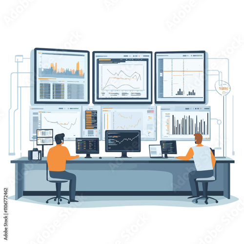 Stock market or forex trading concept. Man and woman in front of computer monitors. Vector illustration.eps