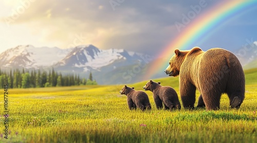 A mother bear and two cubs walking in a vibrant landscape under a rainbow.