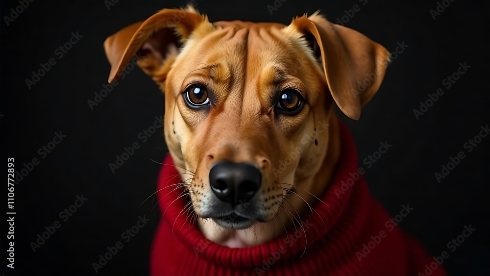 Studio portrait of a red dog in a red sweater Studio portrait of a red dog in a red sweater