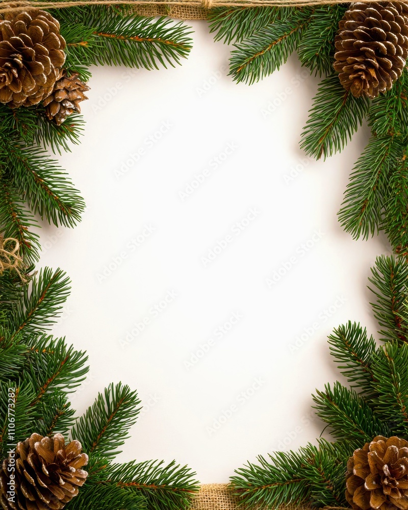 Christmas Pine cones and needles border concept. Rustic pine border with burlap and twine, charming farmhouse Christmas theme Christmas Pine cones and needles border concept. Rustic pine border with burlap and twine, charming farmhouse Christmas theme