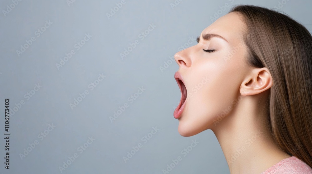 Emotional expression of yawning woman indoor setting portrait photography calm environment close-up view conveying fatigue Emotional expression of yawning woman indoor setting portrait photography calm environment close-up view conveying fatigue