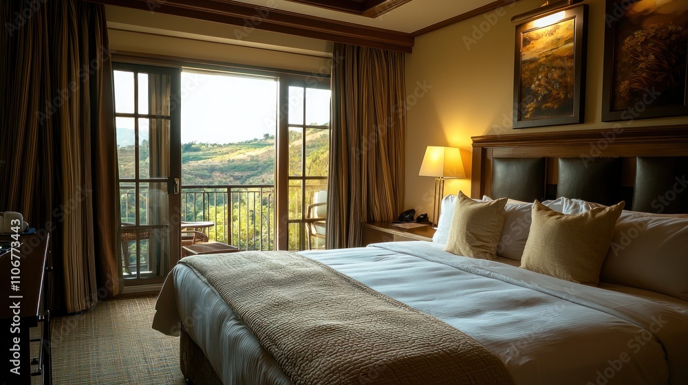 A beautifully decorated hotel room featuring a cozy bed, modern amenities, and a stunning view.