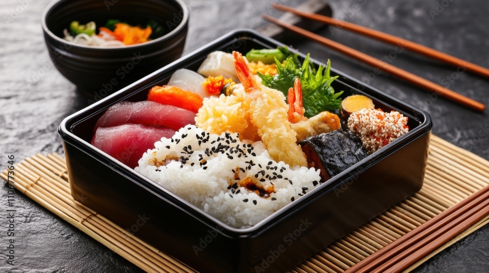 A traditional Japanese bento box featuring rice, tempura, sashimi A traditional Japanese bento box featuring rice, tempura, sashimi
