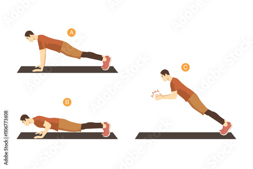 Man doing exercise with Clapping Push Up posture start with plank and end with a clap in midair. Workout poses for Cardio.