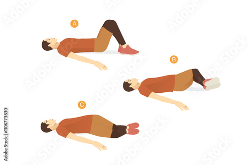 Man doing Lower Trunk Rotation Hip Internal Focus exercise for Rehabilitation and Flexibility. Lying on back and raising knees up for bend and twist into the side.Can help therapy Piriformis syndrome.