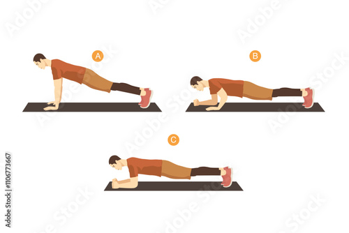 Sport Men doing exercise with plank walk up pose on yoga mat. Start by push up and end at plank posture. Workout target on abdominal with no equipment.