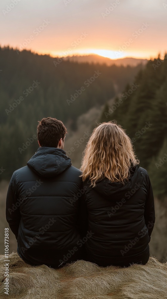 Couple Watching Sunset Over Mountains in Serene Nature Scene Couple Watching Sunset Over Mountains in Serene Nature Scene