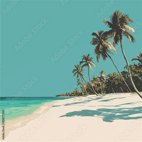 Tropical beach with palm trees and turquoise sea. Vector illustration..eps