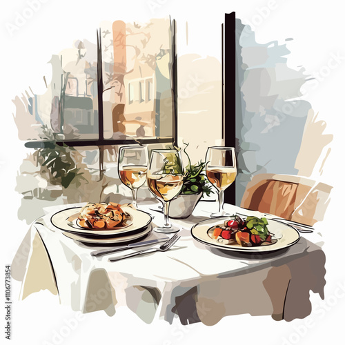 Two glasses of white wine on the table in a restaurant, vector illustration.eps