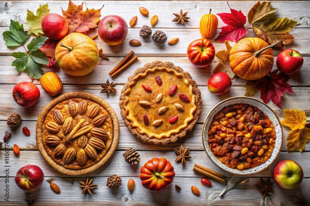 Homemade Fall Pies on White Wood Background with Autumn Decor - Seasonal Treats for Thanksgiving and Fall Celebrations Homemade Fall Pies on White Wood Background with Autumn Decor - Seasonal Treats for Thanksgiving and Fall Celebrations