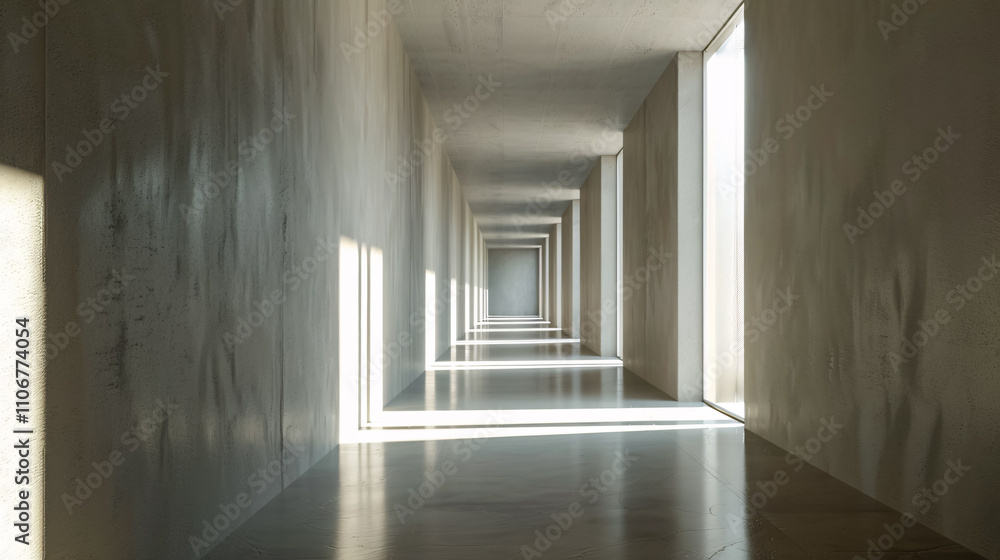 Fototapeta premium The end of a hallway illuminated by natural window light, rendered in 3D.