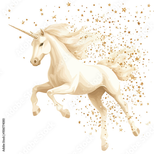 Unicorn on white background with golden stars. Vector illustration..eps