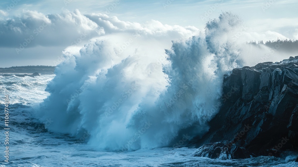 A breathtaking view of a massive wave crashing against rocks, capturing the power of nature. A breathtaking view of a massive wave crashing against rocks, capturing the power of nature.