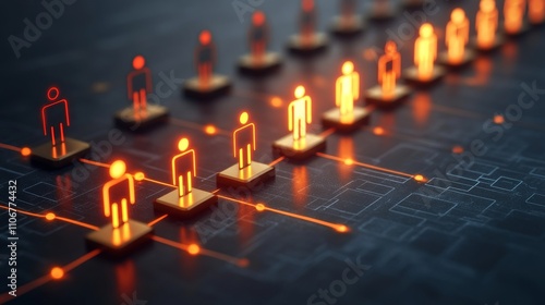 Business oriented visualization of glowing orange figures connected in a hierarchical structure over a dark blue digital grid, representing team management, leadership, and organizational flow photo