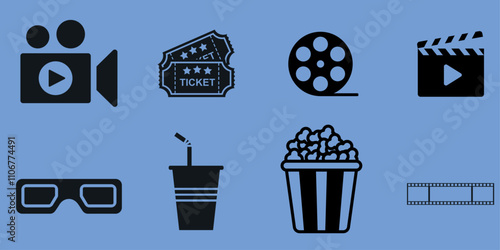 Cinema icon set. Popcorn box. movie reel. Open clapper board. Ticket Admit one.ticket. Cinema icons vector set in blue background. Movie, film, video icons and more icons for apps and websites.