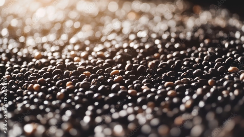 Close-Up View of A Pile of Black and Brown Round Seeds with Glimmering Highlights Shining Through in a Soft Background, Suitable for Food, Nature and Agriculture Concepts