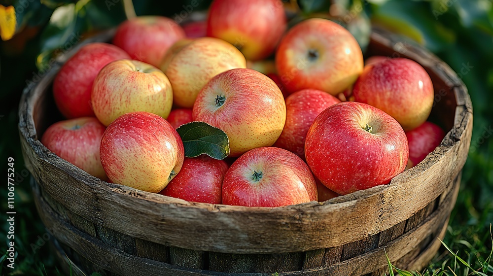 A basket of red and green apples sits on the grass in a close-up shot A basket of red and green apples sits on the grass in a close-up shot