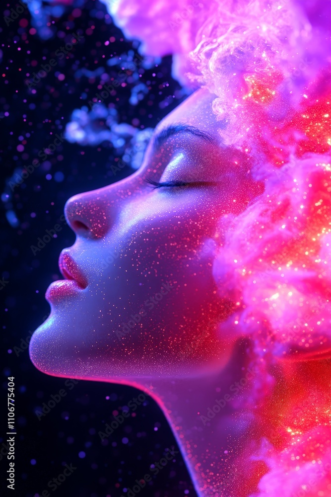 Conceptual surreal portrait of a woman merging with a cosmic explosion of vibrant colors and galactic elements, symbolizing creativity, imagination, and boundless possibilities Conceptual surreal portrait of a woman merging with a cosmic explosion of vibrant colors and galactic elements, symbolizing creativity, imagination, and boundless possibilities
