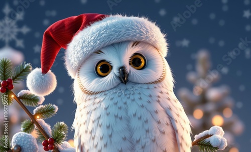 owl christmas Snow owl wearing crooked santa hat, perched on decorated christmas branch, starry night, winter wonderland  animal, decoration, season, bird photo