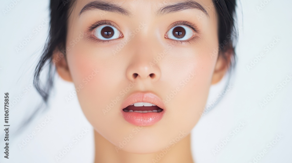 Studio portrait of an Asian woman frozen midsurprise, her eyes wide and lips parted, clean white background Studio portrait of an Asian woman frozen midsurprise, her eyes wide and lips parted, clean white background