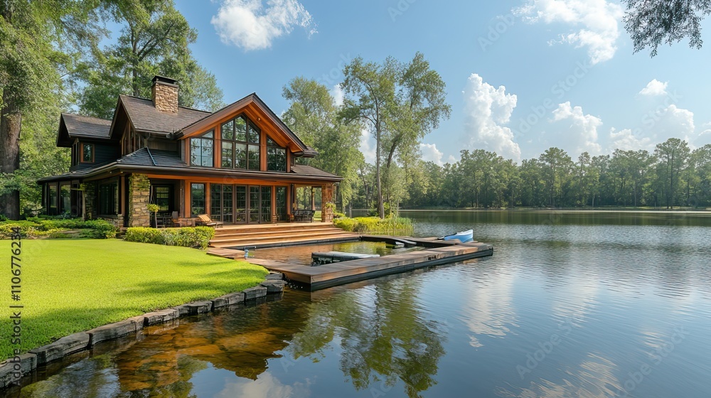 A beautiful lakefront home with a dock and boat sits on a grassy hill overlooking a lake under a sunny sky A beautiful lakefront home with a dock and boat sits on a grassy hill overlooking a lake under a sunny sky