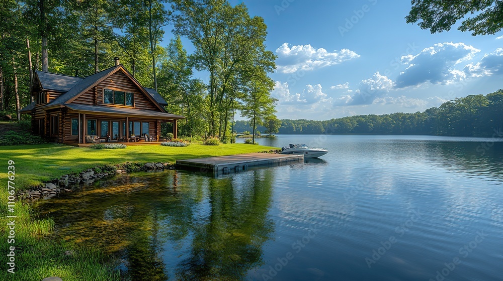 Obraz premium A beautiful lakefront home with a dock and boat sits on a grassy hill overlooking a lake under a sunny sky