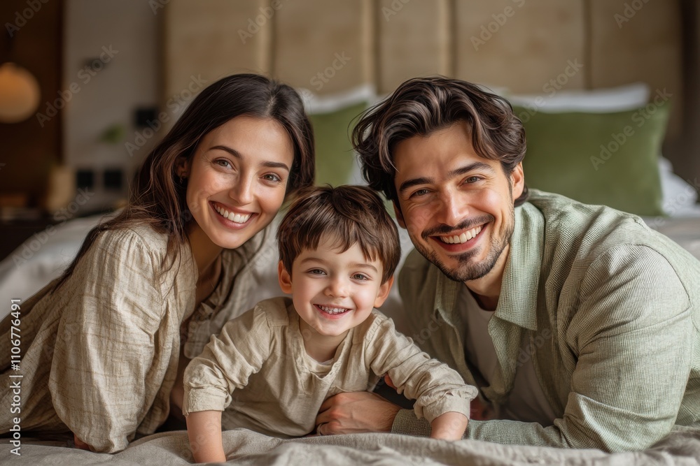 Happy Family Bonding Moment with Smiling Parents and Child Happy Family Bonding Moment with Smiling Parents and Child