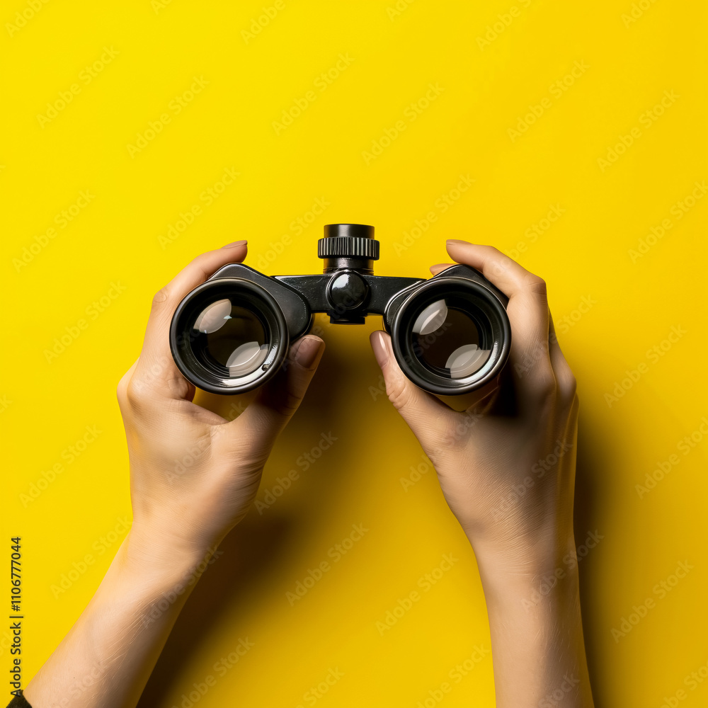 A banner featuring a female hand holding black binoculars against a yellow background, symbolizing journey, discovery, and search. A banner featuring a female hand holding black binoculars against a yellow background, symbolizing journey, discovery, and search.