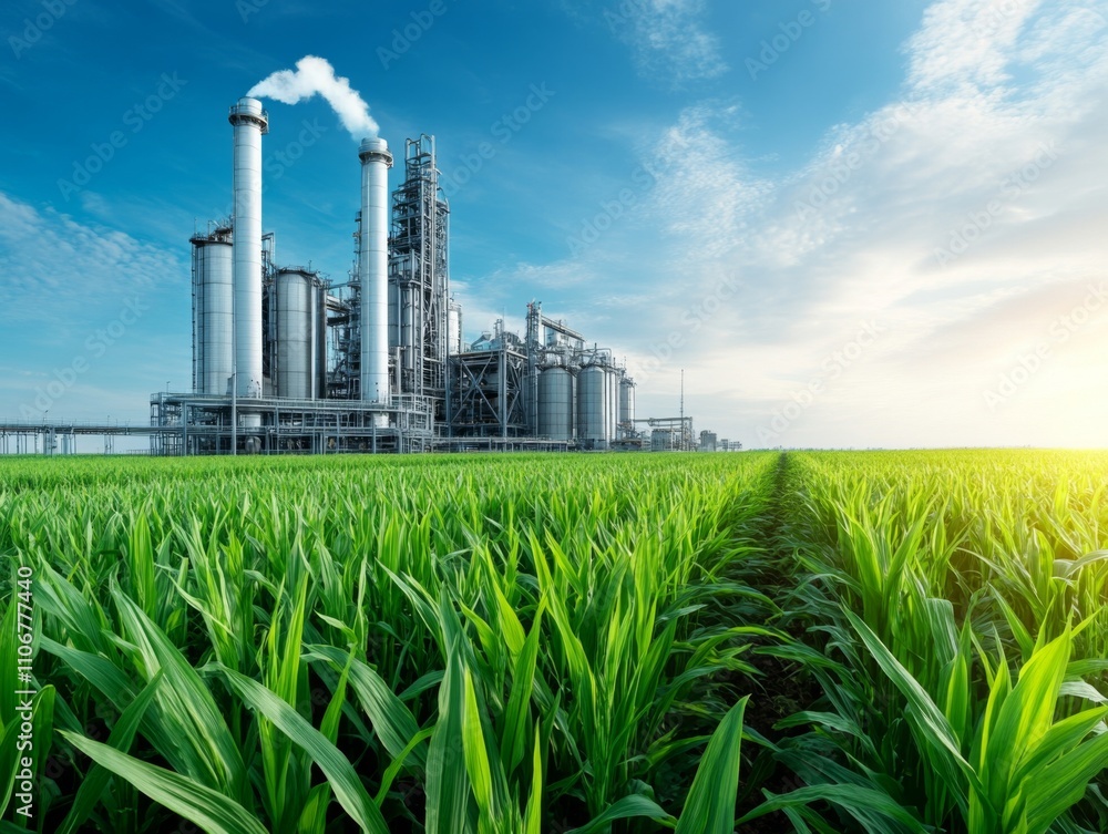 Industrial facility emission control agricultural field photography clear sky wide angle view environmental impact Industrial facility emission control agricultural field photography clear sky wide angle view environmental impact