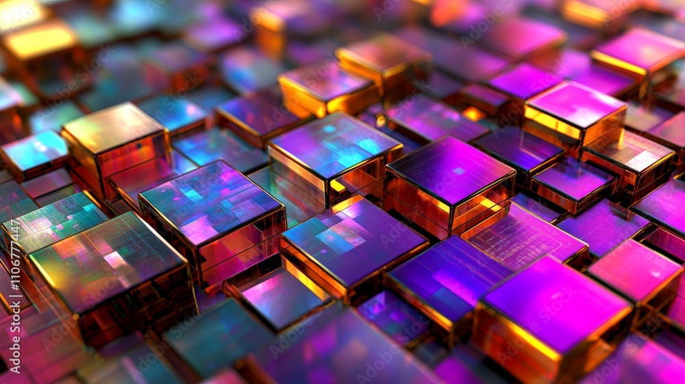 Close up of stacked reflective golden microchips with vibrant light reflections, representing cutting edge semiconductor technology and microelectronic design Close up of stacked reflective golden microchips with vibrant light reflections, representing cutting edge semiconductor technology and microelectronic design