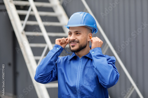 Male builder putting in earplugs outdoors photo