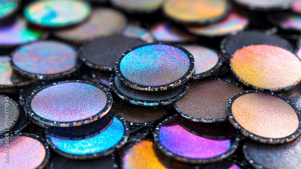Rows of shimmering iridescent powders arranged in circular metal tins, with a striking interplay of light reflections showcasing their vibrant, multicolored brilliance and texture Rows of shimmering iridescent powders arranged in circular metal tins, with a striking interplay of light reflections showcasing their vibrant, multicolored brilliance and texture