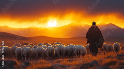 A lone shepherd silhouetted against a fiery sunset, guiding a flock of sheep across a vast, mountainous landscape