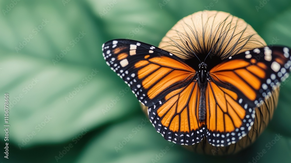 Obraz premium A vibrant Monarch butterfly perched on a plant, showcasing its striking orange and black wings against a soft green background.