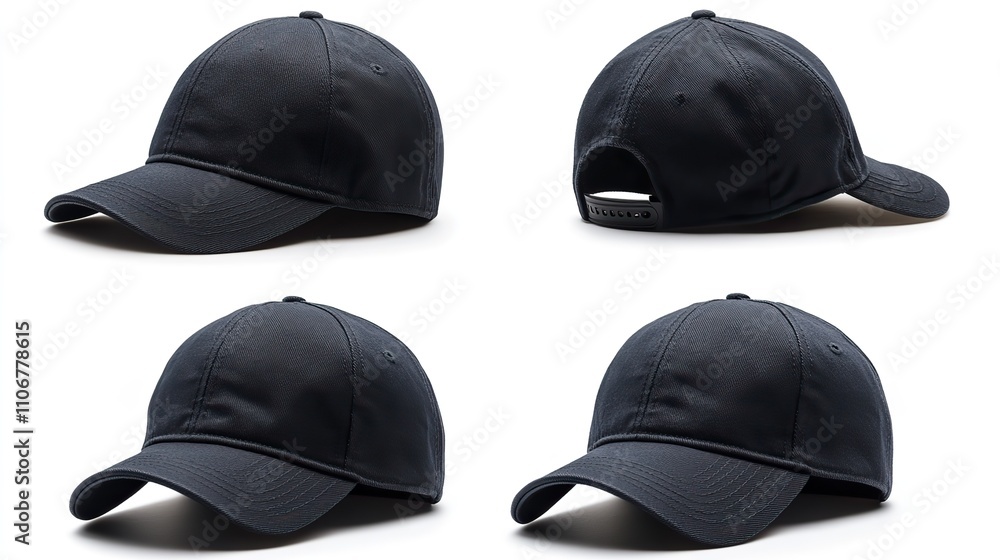A black baseball cap is presented in four distinct angles for a comprehensive view A black baseball cap is presented in four distinct angles for a comprehensive view