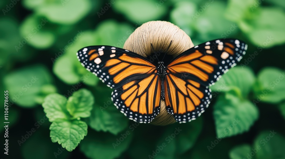 Naklejka premium A vibrant monarch butterfly rests on a mushroom amidst lush green foliage, showcasing nature's beauty and delicate ecosystem.