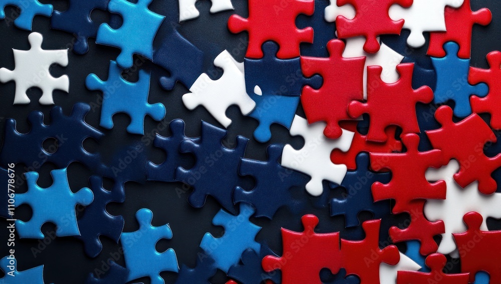 Patriotic Puzzle: Red, White, and Blue Pieces in Intricate Pattern on Dark Background Evoking Themes of Unity, Diversity, and Creativity Patriotic Puzzle: Red, White, and Blue Pieces in Intricate Pattern on Dark Background Evoking Themes of Unity, Diversity, and Creativity