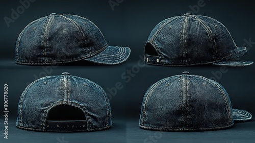 A black baseball cap is presented in four distinct angles for a comprehensive view photo