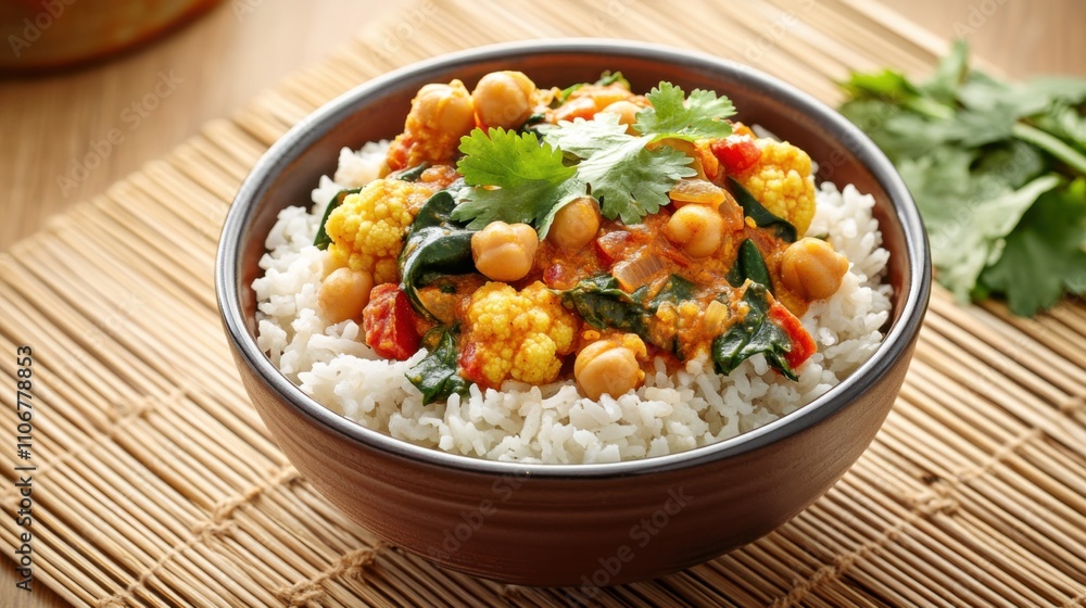 A vibrant bowl of vegetable curry with chickpeas, cauliflower, and spinach A vibrant bowl of vegetable curry with chickpeas, cauliflower, and spinach