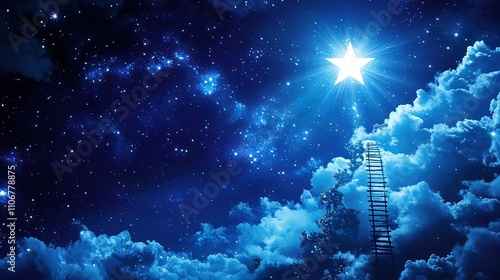 A wooden ladder reaches up to a bright star in a night sky filled with clouds and stars.