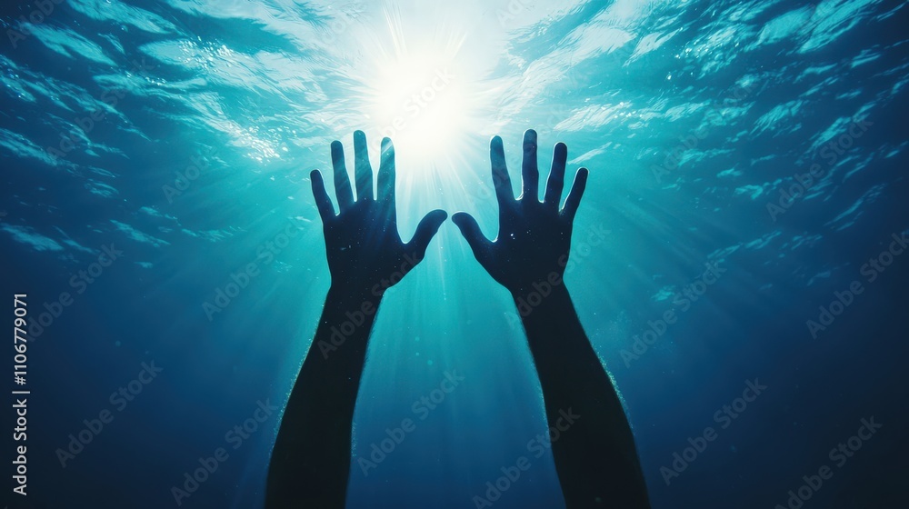 A pair of hands reaches upward through water, seeking light, symbolizing hope and the struggle for freedom beneath the surface. A pair of hands reaches upward through water, seeking light, symbolizing hope and the struggle for freedom beneath the surface.