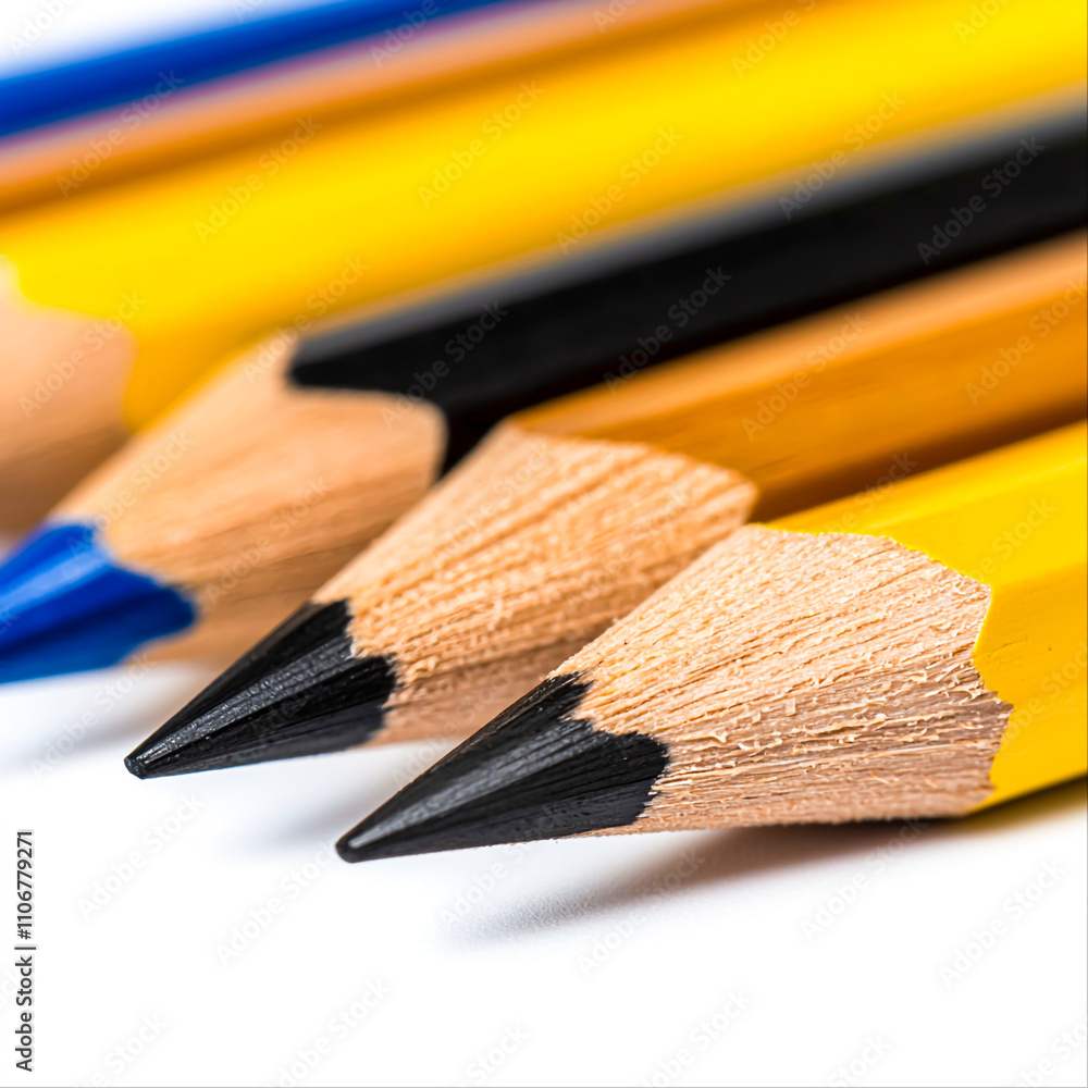 Obraz premium Colorful Wooden Pencils with Sharp Tips Arranged on White Background