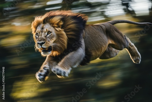 Lion pouncing mid-air towards its prey, claws extended, blurred background highlighting aggressive motion. photo