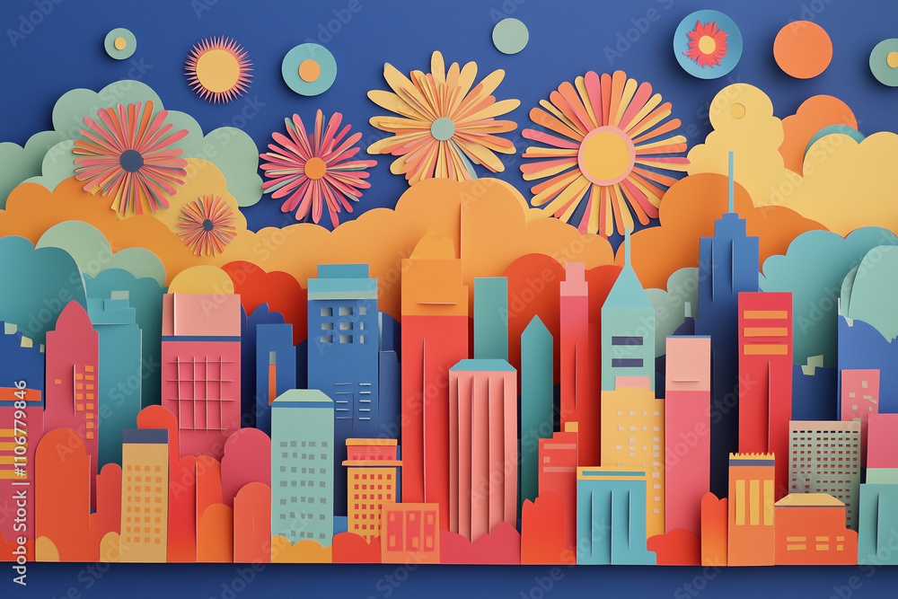 Papercut graphic style of fireworks over the city skyline. Happy new year. Papercut graphic style of fireworks over the city skyline. Happy new year.