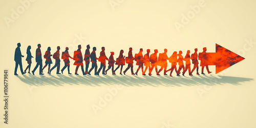 Illustration of a group of people walking in a line with arrows pointing to the desired target. White background, Watercolor vector illustration