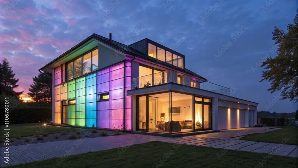 An artistic house showcasing luminous walls that harness solar energy casting colorful reflections in the evening light. An artistic house showcasing luminous walls that harness solar energy casting colorful reflections in the evening light.