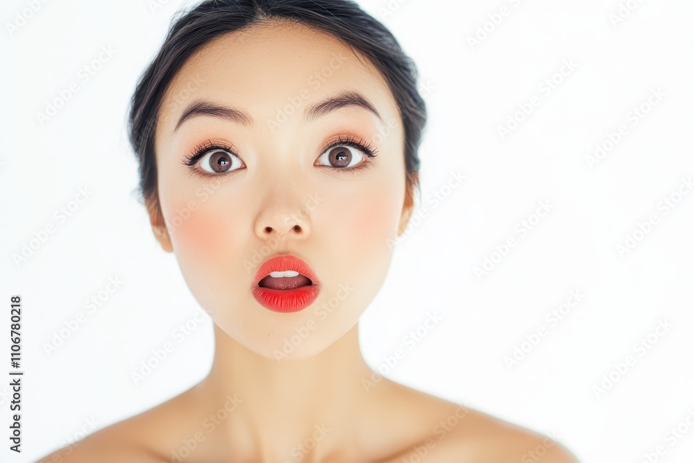 Stunning portrait of an Asian woman looking surprised, eyebrows raised, lips parted, isolated on a pure white background, concept of amazement Stunning portrait of an Asian woman looking surprised, eyebrows raised, lips parted, isolated on a pure white background, concept of amazement